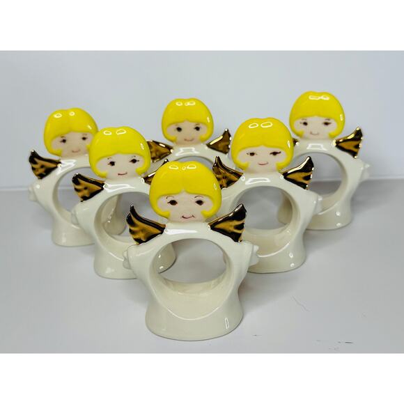 1970s Standing Ceramic Angel Napkin Rings Set of 6 - Picture 1 of 9